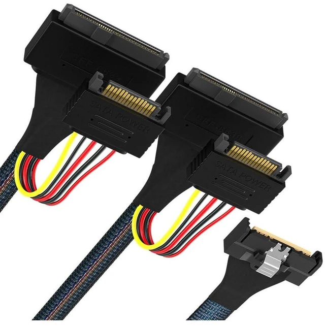 Alt view image 2 of 4 - The 5.0 MCIO 8X to 2 * U.2 (SFF-8639)+15P Data Cable is Designed to Split an MCIO 8X (Eight Channel) Connection into Two U.2 (SFF-8639) Connections, as Well as an Additional 15 pin Power Connector.