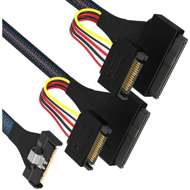 Alt view image 3 of 4 - The 5.0 MCIO 8X to 2 * U.2 (SFF-8639)+15P Data Cable is Designed to Split an MCIO 8X (Eight Channel) Connection into Two U.2 (SFF-8639) Connections, as Well as an Additional 15 pin Power Connector.