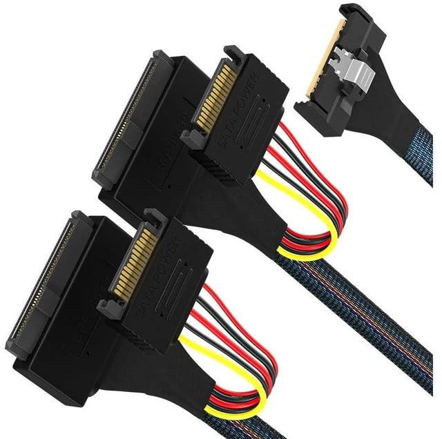 Alt view image 4 of 4 - The 5.0 MCIO 8X to 2 * U.2 (SFF-8639)+15P Data Cable is Designed to Split an MCIO 8X (Eight Channel) Connection into Two U.2 (SFF-8639) Connections, as Well as an Additional 15 pin Power Connector.