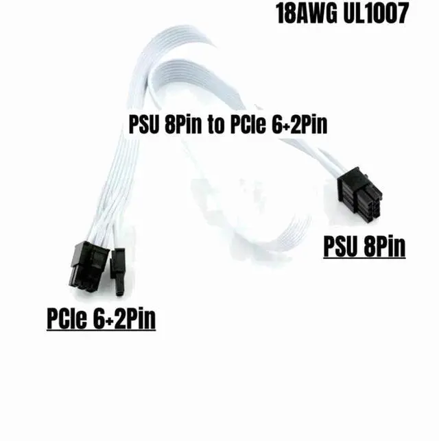 Alt view image 3 of 4 - White GPU Power Cable PSU 8Pin to PCIe 6+2Pin for CORSAIR RM750x RM850x RM1000i RMx/RMi Series Modular Power Supply 18AWG 60cm