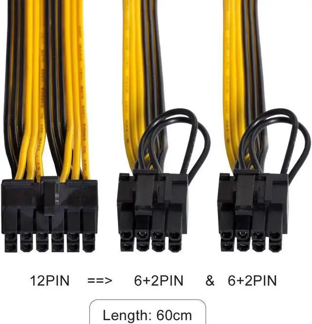 Alt view image 2 of 5 - 12Pin to Dual 8Pin PCIe 8Pin(6Pin+2Pin) GPU Cable 18AWG 60+60CM Black Yellow For GPU 3080 3090 2060 Seasonic P-860 P-1000 X-1050