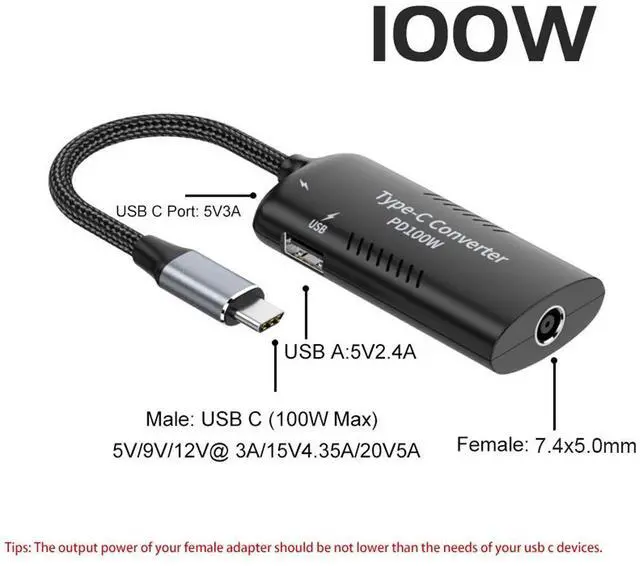 Main image of For Dell HP 7.4x5.0mm to USB Type C Charger Converter 100W Type C PD Fast Charging Cable Adapter for Macbook Lenovo Samsung Laptop