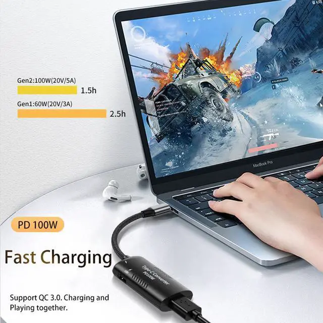 Alt view image 2 of 5 - For Dell HP 7.4x5.0mm to USB Type C Charger Converter 100W Type C PD Fast Charging Cable Adapter for Macbook Lenovo Samsung Laptop