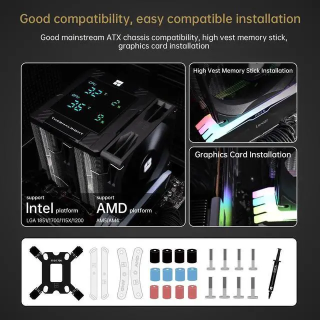 Alt view image 7 of 7 - Peerless Assassin 120 Digital CPU Air Cooler -Temperature Display | 6 Heat Pipes | 1850RPM PWM 120mm Fans, for Intel 1851/1700, AMD AM4/AM5