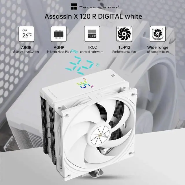 Alt view image 3 of 7 - Assassin X 120 R Digital CPU Air Cooler - Temperature Display | 4 Heat Pipes, for Intel LGA 1150/1151/1155/1156/1200/1700 AMD AM4/AM5 White