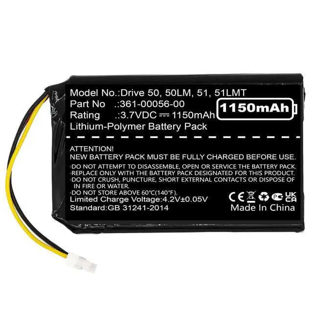 Main image of GPS Navigator Battery fits Garmin Drive 50, 50LM, 51, 51LMT, Nuvi 30, 50, 50LM, 52, 52LM, 52LMT, 55, 55LM, 55LMT, 361-00056-00, 361-00056-50 Battery Ni-MH
