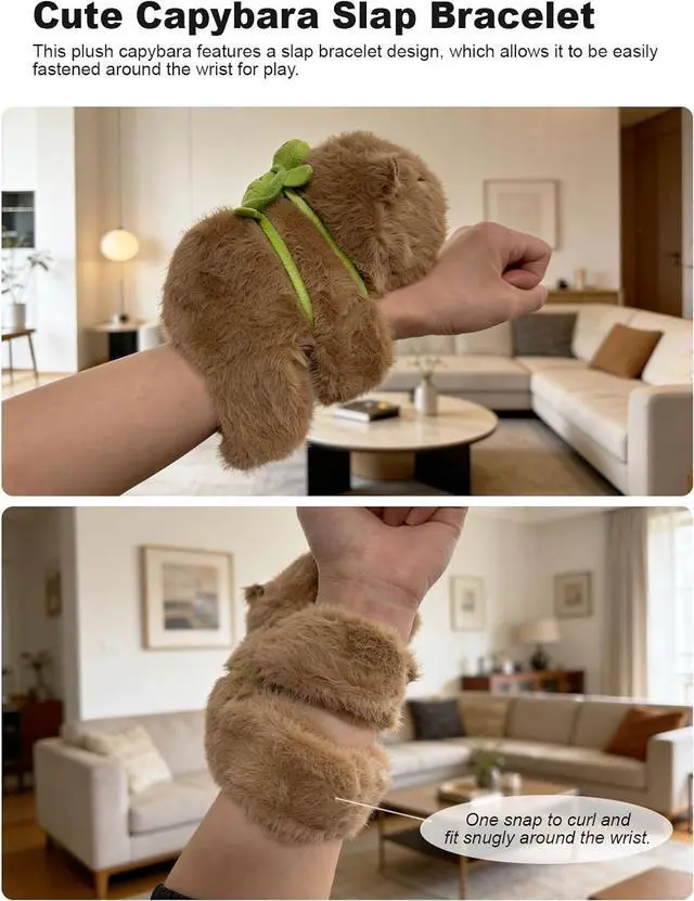 Alt view image 6 of 7 - Cute Capybara Slap Bracelet Plush, 7" Capybara Plush Stuffed Animal with Turtle Backpack Fluffy Plushie Kawaii Birthday Gift Stuffy Toy for Boys Girls Kids Teens Adults