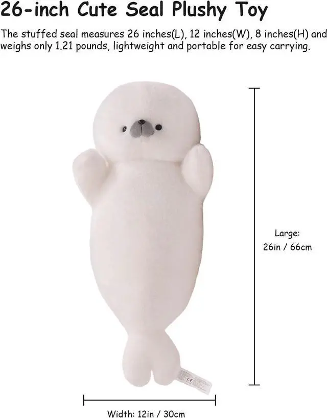Alt view image 7 of 7 - White Cute Seal Plush Pillow, 26" Large Chubby Fat Seal Stuffed Animal, Fluffy Soft Cuddly Long Body Pillow, Home Decor Cushion Birthday Gift Plushy Toy for Girls Kids Teens Adult