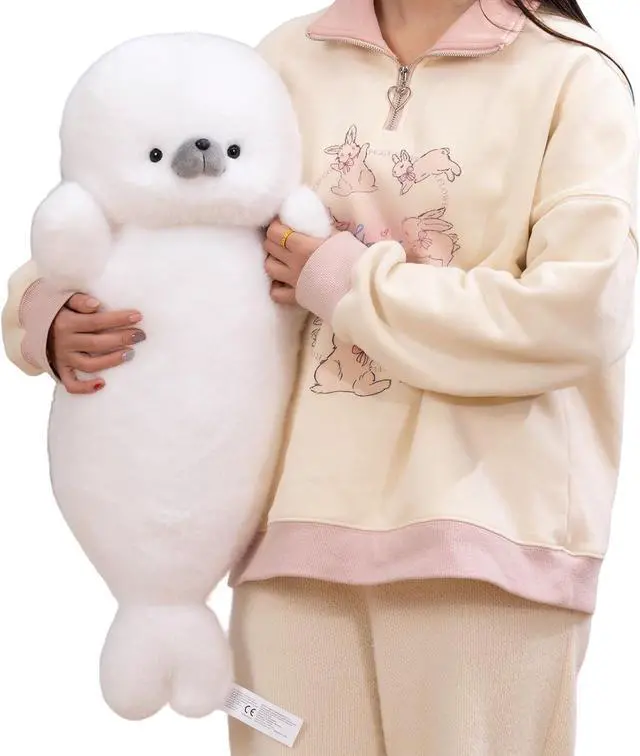 Main image of White Cute Seal Plush Pillow, 26" Large Chubby Fat Seal Stuffed Animal, Fluffy Soft Cuddly Long Body Pillow, Home Decor Cushion Birthday Gift Plushy Toy for Girls Kids Teens Adult