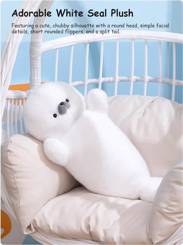 Alt view image 2 of 7 - White Cute Seal Plush Pillow, 26" Large Chubby Fat Seal Stuffed Animal, Fluffy Soft Cuddly Long Body Pillow, Home Decor Cushion Birthday Gift Plushy Toy for Girls Kids Teens Adult