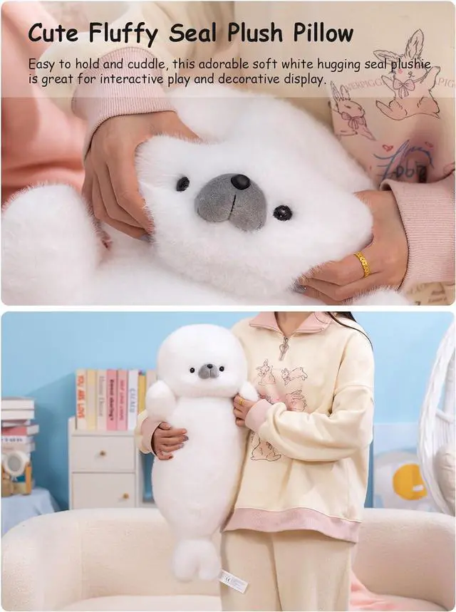 Alt view image 3 of 7 - White Cute Seal Plush Pillow, 26" Large Chubby Fat Seal Stuffed Animal, Fluffy Soft Cuddly Long Body Pillow, Home Decor Cushion Birthday Gift Plushy Toy for Girls Kids Teens Adult