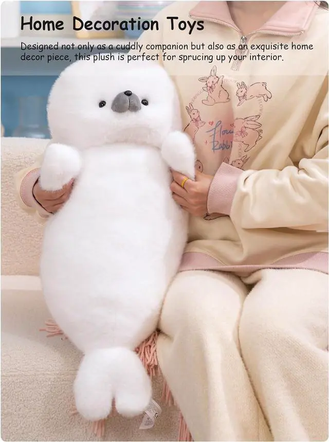 Alt view image 6 of 7 - White Cute Seal Plush Pillow, 26" Large Chubby Fat Seal Stuffed Animal, Fluffy Soft Cuddly Long Body Pillow, Home Decor Cushion Birthday Gift Plushy Toy for Girls Kids Teens Adult