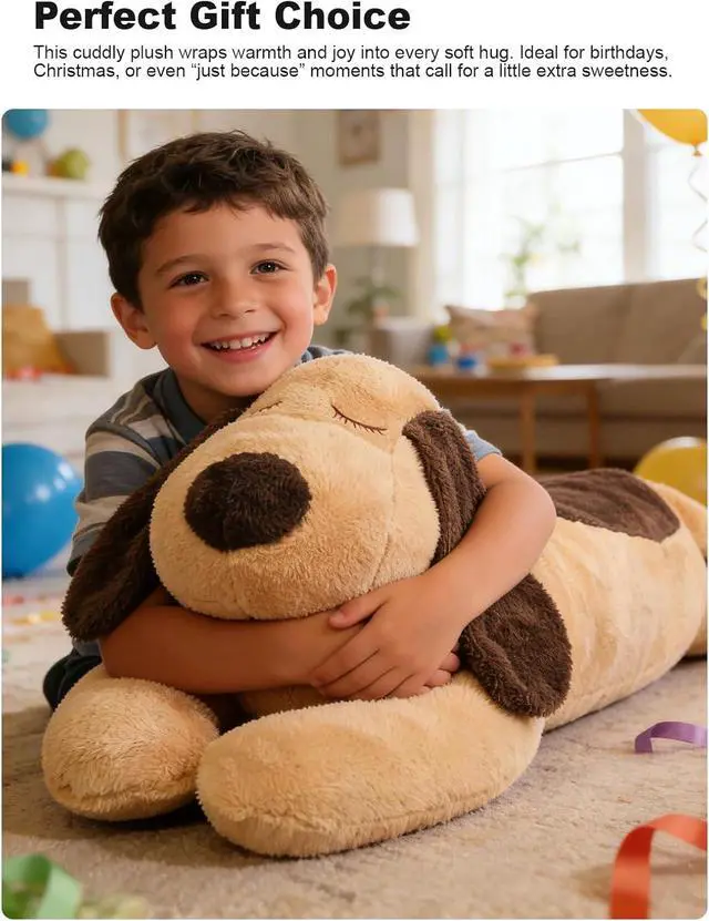 Alt view image 7 of 7 - 45" Long Dog Plush Pillow, FIAEUGZKM Large Dog Stuffed Animal Body Pillow, Soft Hugging Stuffy Toy Cuddly Sofa Cushion Birthday Gift Decoration Plushy for Girls Kids Teens Adults (Brown, 115cm/3.77ft)