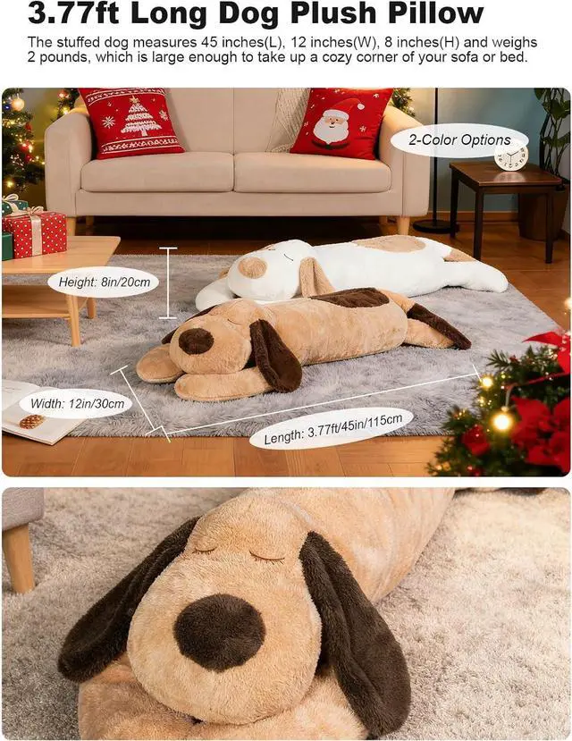 Alt view image 2 of 7 - 45" Long Dog Plush Pillow, FIAEUGZKM Large Dog Stuffed Animal Body Pillow, Soft Hugging Stuffy Toy Cuddly Sofa Cushion Birthday Gift Decoration Plushy for Girls Kids Teens Adults (Brown, 115cm/3.77ft)