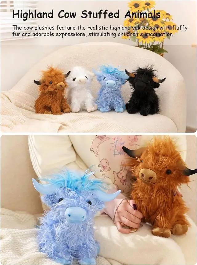 Alt view image 6 of 7 - Fluffy Highland Cow Stuffed Animal, 10" Cute Soft Kawaii Cattle Plush Toy for Kids, Cuddly Scottish Cow Farm Animal Stuffy Birthday Gift Home Decor Plushy for Boys Girls, Blue