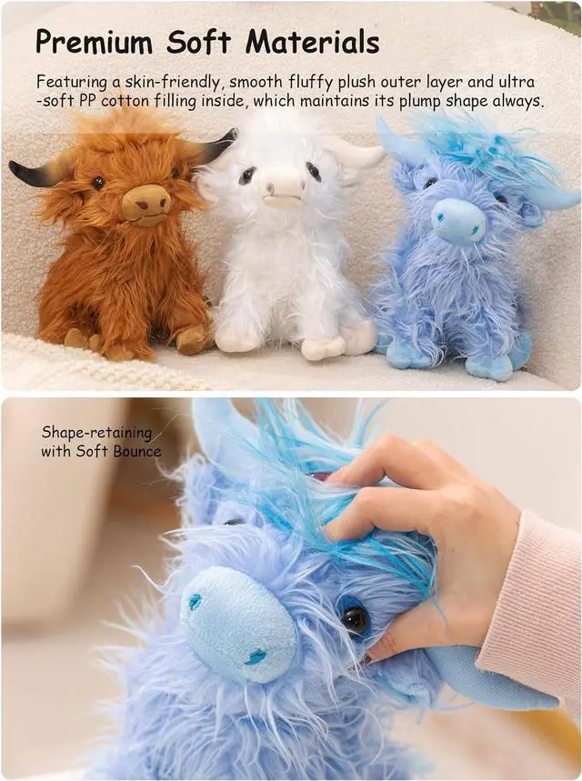 Alt view image 5 of 7 - Fluffy Highland Cow Stuffed Animal, 10" Cute Soft Kawaii Cattle Plush Toy for Kids, Cuddly Scottish Cow Farm Animal Stuffy Birthday Gift Home Decor Plushy for Boys Girls, Blue