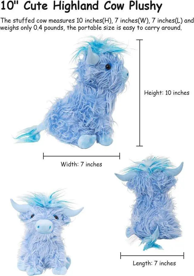 Alt view image 2 of 7 - Fluffy Highland Cow Stuffed Animal, 10" Cute Soft Kawaii Cattle Plush Toy for Kids, Cuddly Scottish Cow Farm Animal Stuffy Birthday Gift Home Decor Plushy for Boys Girls, Blue