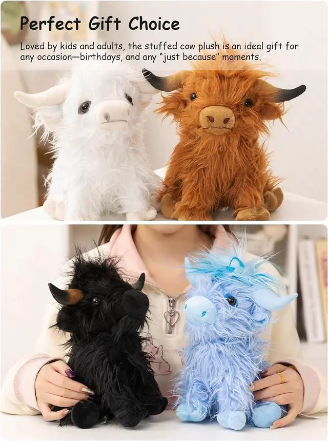 Alt view image 7 of 7 - Fluffy Highland Cow Stuffed Animal, 10" Cute Soft Kawaii Cattle Plush Toy for Kids, Cuddly Scottish Cow Farm Animal Stuffy Birthday Gift Home Decor Plushy for Boys Girls, Blue