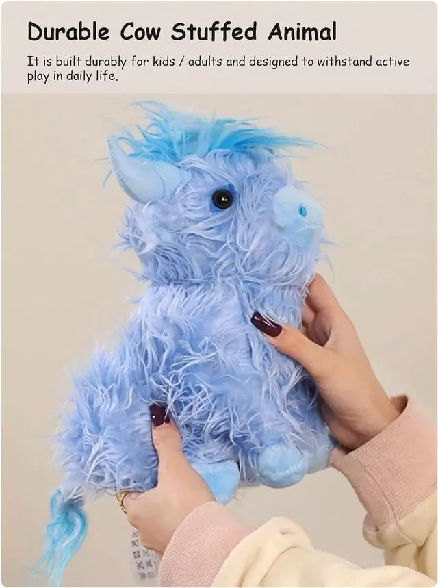 Alt view image 3 of 7 - Fluffy Highland Cow Stuffed Animal, 10" Cute Soft Kawaii Cattle Plush Toy for Kids, Cuddly Scottish Cow Farm Animal Stuffy Birthday Gift Home Decor Plushy for Boys Girls, Blue