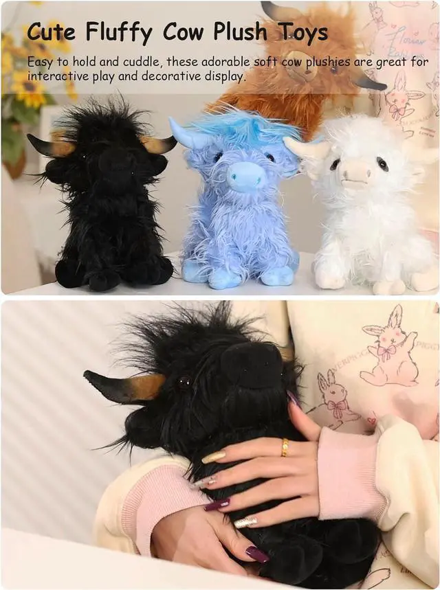 Alt view image 4 of 7 - Fluffy Highland Cow Stuffed Animal, 10" Cute Soft Kawaii Cattle Plush Toy for Kids, Cuddly Scottish Cow Farm Animal Stuffy Birthday Gift Home Decor Plushy for Boys Girls, Blue