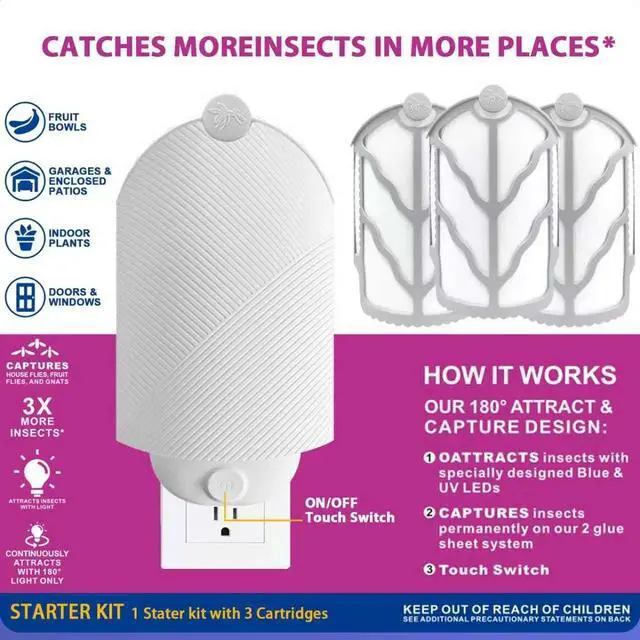 Alt view image 7 of 7 - Flying Insect Trap (1 Starter & 3 Refill Cartridges), Plug-in Fly Trap for Home, Kitchen, Living Room UV Light Indoor Bug Catcher for Gnats, Fruit Flies, Mosquitoes, and Moths
