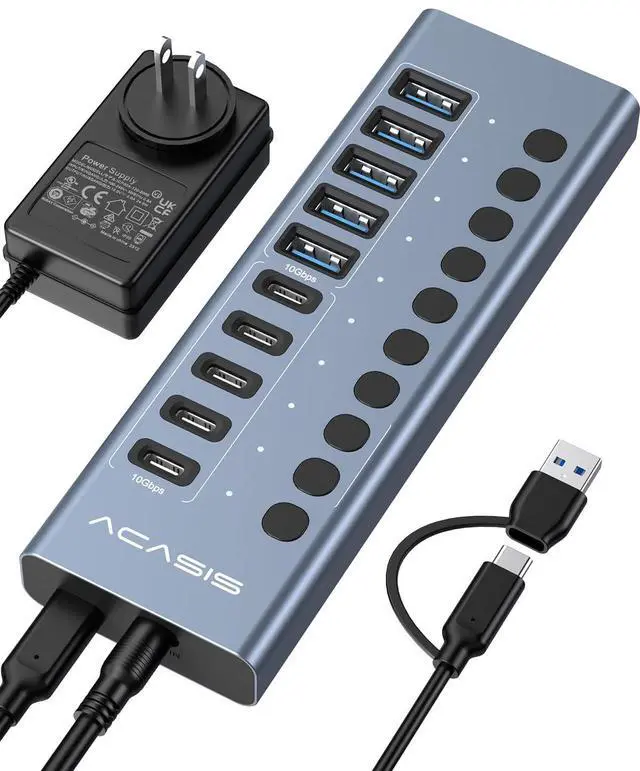 Main image of Powered USB 3.2 Hub, ACASIS 10 Ports USB 3.2 Hub(5 USB-A 3.2 Ports+5 USB-C 3.2 Ports), Aluminum USB Hub Powered with 48W Power Adapter, USB Hub for PC/Laptop, Computer, Flash Drive, Printer, Camera