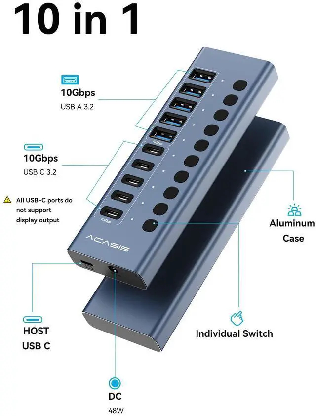 Alt view image 2 of 7 - Powered USB 3.2 Hub, ACASIS 10 Ports USB 3.2 Hub(5 USB-A 3.2 Ports+5 USB-C 3.2 Ports), Aluminum USB Hub Powered with 48W Power Adapter, USB Hub for PC/Laptop, Computer, Flash Drive, Printer, Camera