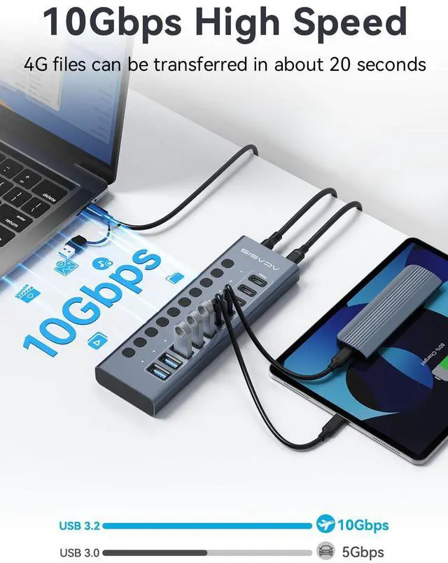 Alt view image 3 of 7 - Powered USB 3.2 Hub, ACASIS 10 Ports USB 3.2 Hub(5 USB-A 3.2 Ports+5 USB-C 3.2 Ports), Aluminum USB Hub Powered with 48W Power Adapter, USB Hub for PC/Laptop, Computer, Flash Drive, Printer, Camera