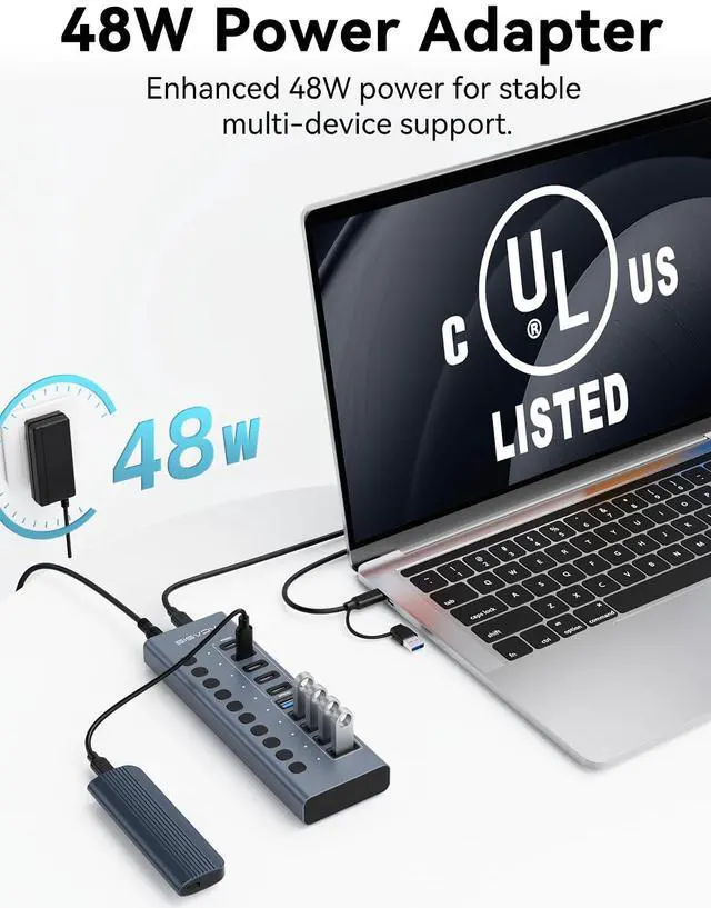 Alt view image 4 of 7 - Powered USB 3.2 Hub, ACASIS 10 Ports USB 3.2 Hub(5 USB-A 3.2 Ports+5 USB-C 3.2 Ports), Aluminum USB Hub Powered with 48W Power Adapter, USB Hub for PC/Laptop, Computer, Flash Drive, Printer, Camera