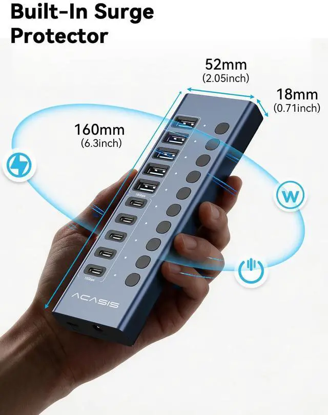 Alt view image 5 of 7 - Powered USB 3.2 Hub, ACASIS 10 Ports USB 3.2 Hub(5 USB-A 3.2 Ports+5 USB-C 3.2 Ports), Aluminum USB Hub Powered with 48W Power Adapter, USB Hub for PC/Laptop, Computer, Flash Drive, Printer, Camera