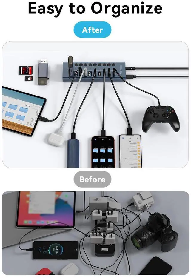 Alt view image 7 of 7 - Powered USB 3.2 Hub, ACASIS 10 Ports USB 3.2 Hub(5 USB-A 3.2 Ports+5 USB-C 3.2 Ports), Aluminum USB Hub Powered with 48W Power Adapter, USB Hub for PC/Laptop, Computer, Flash Drive, Printer, Camera