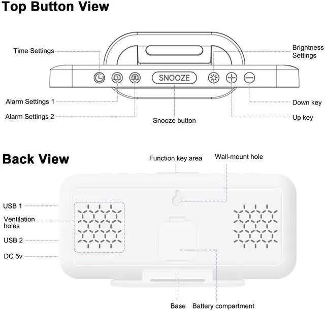 Alt view image 7 of 7 - Aesthetic Digital Alarm Clock, Big Mirror Display with Dual USB Charger Ports, Dual Alarms, Snooze, 4-Level Adjustable Dimmer, for Bedroom, Office, Desk, Plug in LED Clocks