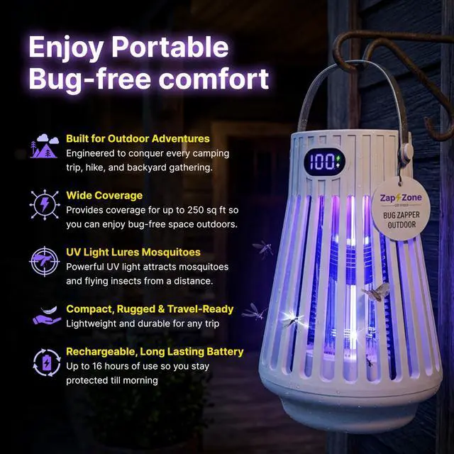 Alt view image 2 of 7 - Zap Zone Defender Bug Zapper Outdoor Indoor, Rechargeable Mosquito Zapper with UV Light USB-C Electric Insect Trap Mosquito Repellent Outdoor Patio Camping Traps 3 Modes IPX5 Water Resistant Lantern