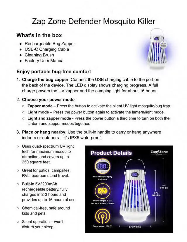Alt view image 6 of 7 - Zap Zone Defender Bug Zapper Outdoor Indoor, Rechargeable Mosquito Zapper with UV Light USB-C Electric Insect Trap Mosquito Repellent Outdoor Patio Camping Traps 3 Modes IPX5 Water Resistant Lantern