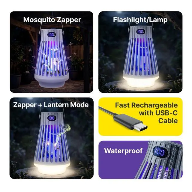 Alt view image 3 of 7 - Zap Zone Defender Bug Zapper Outdoor Indoor, Rechargeable Mosquito Zapper with UV Light USB-C Electric Insect Trap Mosquito Repellent Outdoor Patio Camping Traps 3 Modes IPX5 Water Resistant Lantern