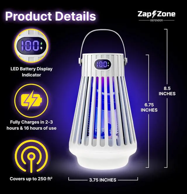 Alt view image 7 of 7 - Zap Zone Defender Bug Zapper Outdoor Indoor, Rechargeable Mosquito Zapper with UV Light USB-C Electric Insect Trap Mosquito Repellent Outdoor Patio Camping Traps 3 Modes IPX5 Water Resistant Lantern
