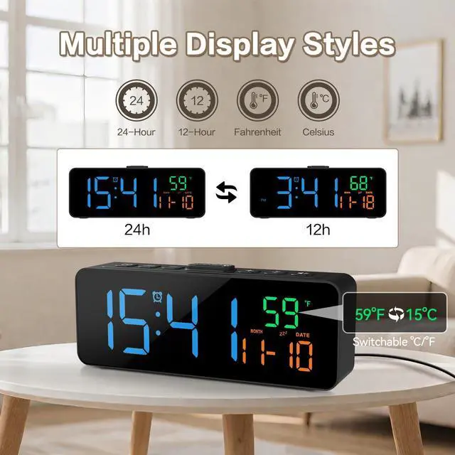 Alt view image 2 of 7 - 3-in-1 Digital Clocks for Living Room with Temperature, Date & Time Display - 4 Levels Birghtness, 3 Volumes, Small & Compact Plug-in Alarm Clock for Bedroom, Office (Blue)