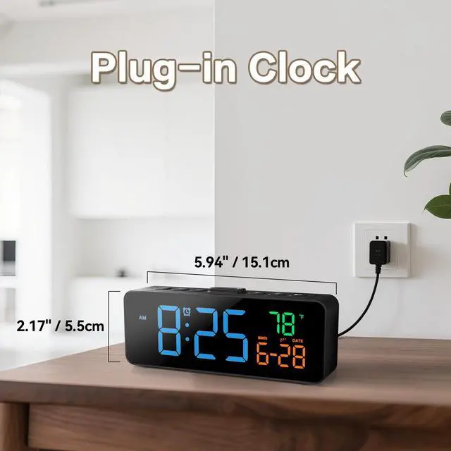 Alt view image 3 of 7 - 3-in-1 Digital Clocks for Living Room with Temperature, Date & Time Display - 4 Levels Birghtness, 3 Volumes, Small & Compact Plug-in Alarm Clock for Bedroom, Office (Blue)