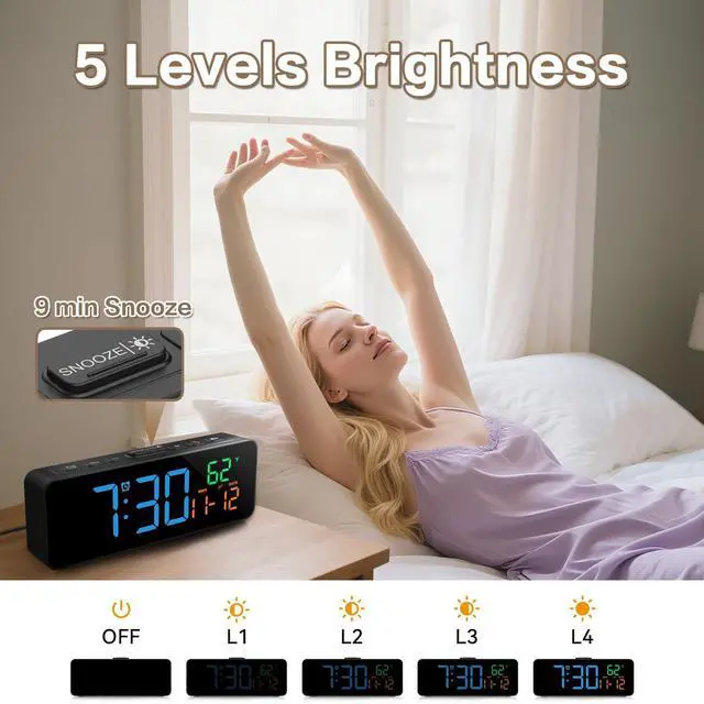 Alt view image 5 of 7 - 3-in-1 Digital Clocks for Living Room with Temperature, Date & Time Display - 4 Levels Birghtness, 3 Volumes, Small & Compact Plug-in Alarm Clock for Bedroom, Office (Blue)