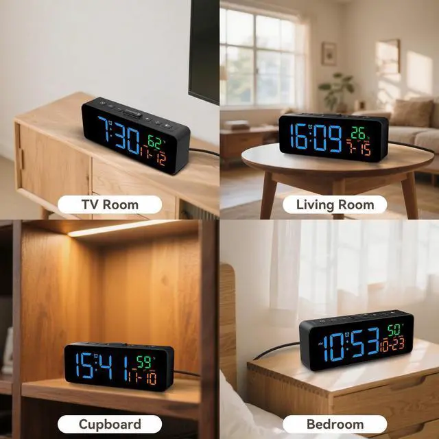 Alt view image 6 of 7 - 3-in-1 Digital Clocks for Living Room with Temperature, Date & Time Display - 4 Levels Birghtness, 3 Volumes, Small & Compact Plug-in Alarm Clock for Bedroom, Office (Blue)