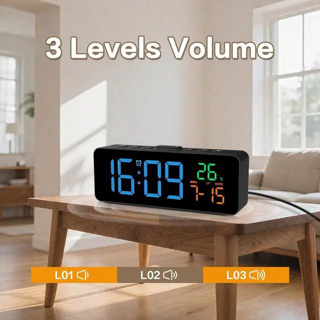 Alt view image 7 of 7 - 3-in-1 Digital Clocks for Living Room with Temperature, Date & Time Display - 4 Levels Birghtness, 3 Volumes, Small & Compact Plug-in Alarm Clock for Bedroom, Office (Blue)