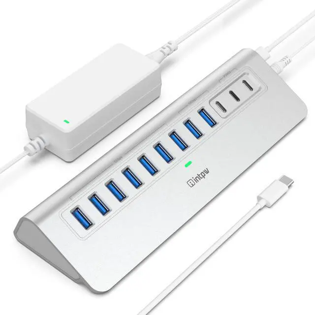 Main image of Powered USB Hub 10Gbps, intpw 12 Port USB C Hub with USB C 3.2+2 USB A 3.2, 7 USB 3.0, 2 PD 45W Charging Port, 65W Power Adapter + 3.3FT Cable, Aluminum USB Hub for PC/Laptop/iPhone 17/16/PC