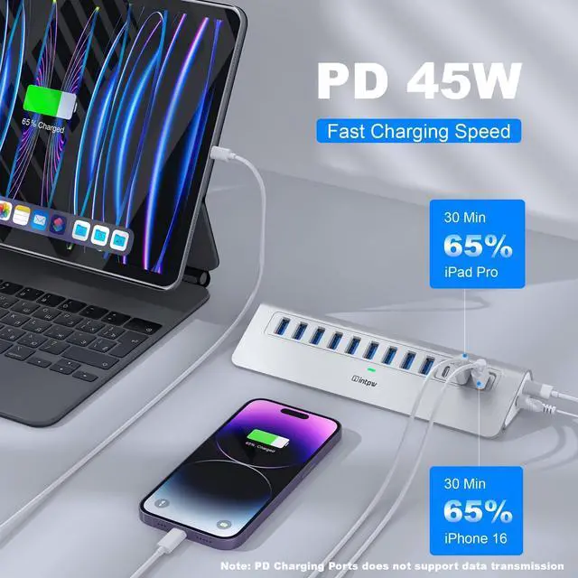 Alt view image 4 of 7 - Powered USB Hub 10Gbps, intpw 12 Port USB C Hub with USB C 3.2+2 USB A 3.2, 7 USB 3.0, 2 PD 45W Charging Port, 65W Power Adapter + 3.3FT Cable, Aluminum USB Hub for PC/Laptop/iPhone 17/16/PC
