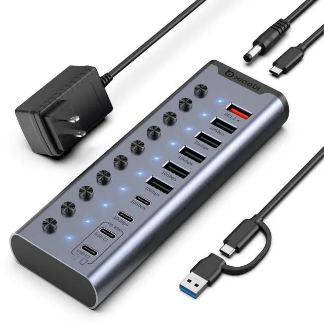 Main image of Powered USB Hub, 10-Port USB C Hub with 5*USB-A 3.2, 2*USB-C 3.2 and BC1.2&2*PD 45W Charging Ports Individual Switches and 24V/3A Power Adapter, USB Extension for MacBook, PC and More.