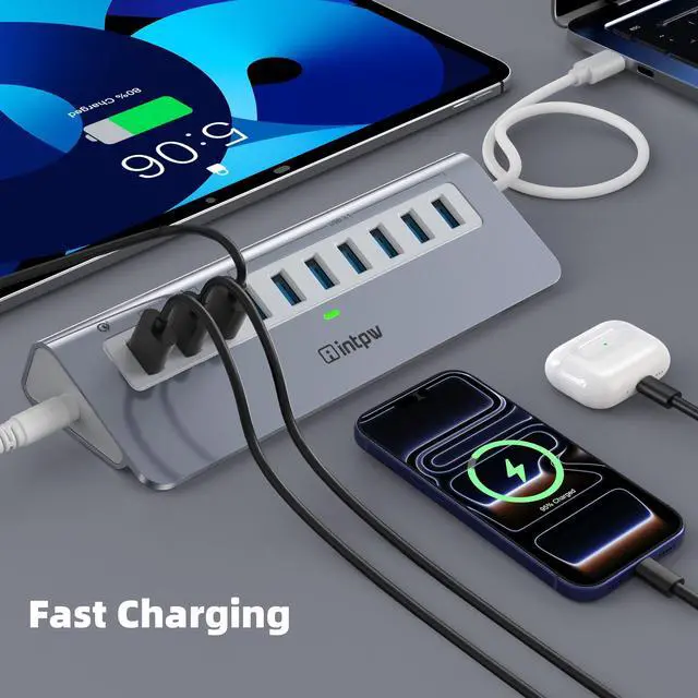 Alt view image 3 of 6 - Powered USB Hub 10Gbps, 10 Port USB 3.2 Gen 2 Hub with 7 USB 3.2 Data Ports, 3 Fast Charging Ports, 36W Power Adapter, Type A and Type C Cable, Aluminum USB Hub for Laptop, Mac, PC