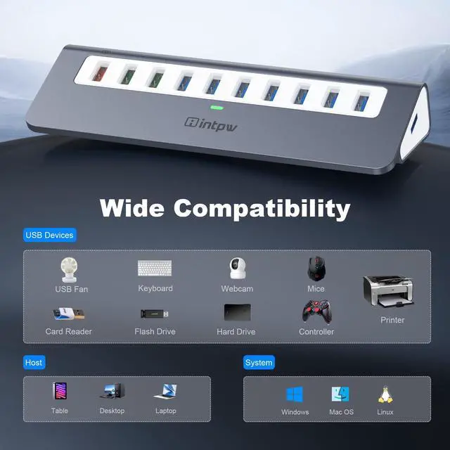 Alt view image 4 of 6 - Powered USB Hub 10Gbps, 10 Port USB 3.2 Gen 2 Hub with 7 USB 3.2 Data Ports, 3 Fast Charging Ports, 36W Power Adapter, Type A and Type C Cable, Aluminum USB Hub for Laptop, Mac, PC