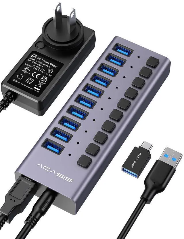 Main image of Powered USB 3.2 Hub, ACASIS 10 Ports USB 3.2 Hub with 10Gbps Data Speed, Aluminum Housing, USB Hub Powered with 48W Power Adapter, USB Hub for PC/Laptop, Computer, Flash Drive, Printer, Camera