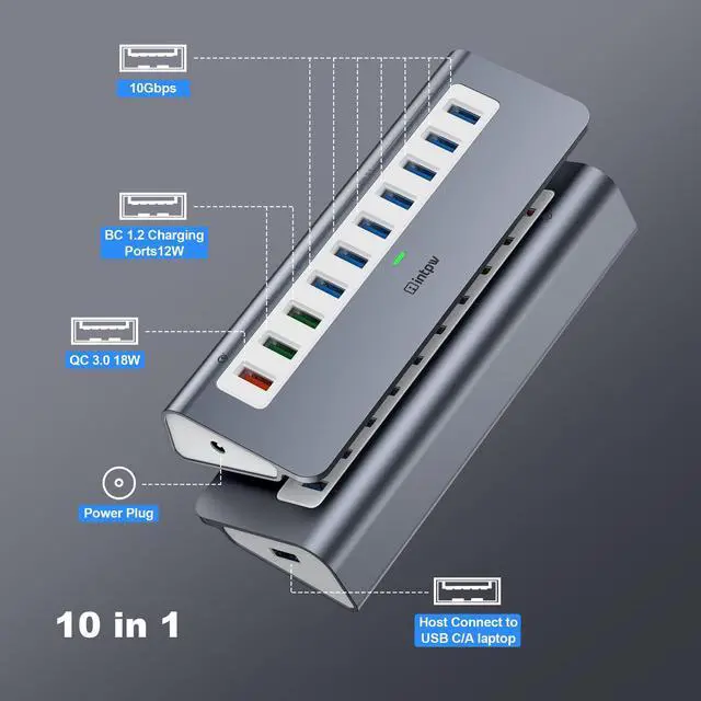Alt view image 2 of 6 - Powered USB Hub 10Gbps, 10 Port USB 3.2 Gen 2 Hub with 7 USB 3.2 Data Ports, 3 Fast Charging Ports, 36W Power Adapter, Type A and Type C Cable, Aluminum USB Hub for Laptop, Mac, PC