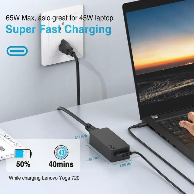 Alt view image 2 of 6 - Laptop Charger for Lenovo ThinkPad Yoga Chromebook IdeaPad X1 Carbon X13 T16 T14 E16 E14 T480 T590 730 C940 13 15 500e 300e, Universal 65W 45W USB C Type C Power Adapter for HP Dell, Original Quality