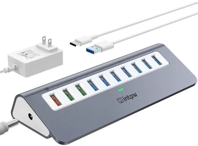 Main image of Powered USB Hub 10Gbps, 10 Port USB 3.2 Gen 2 Hub with 7 USB 3.2 Data Ports, 3 Fast Charging Ports, 36W Power Adapter, Type A and Type C Cable, Aluminum USB Hub for Laptop, Mac, PC